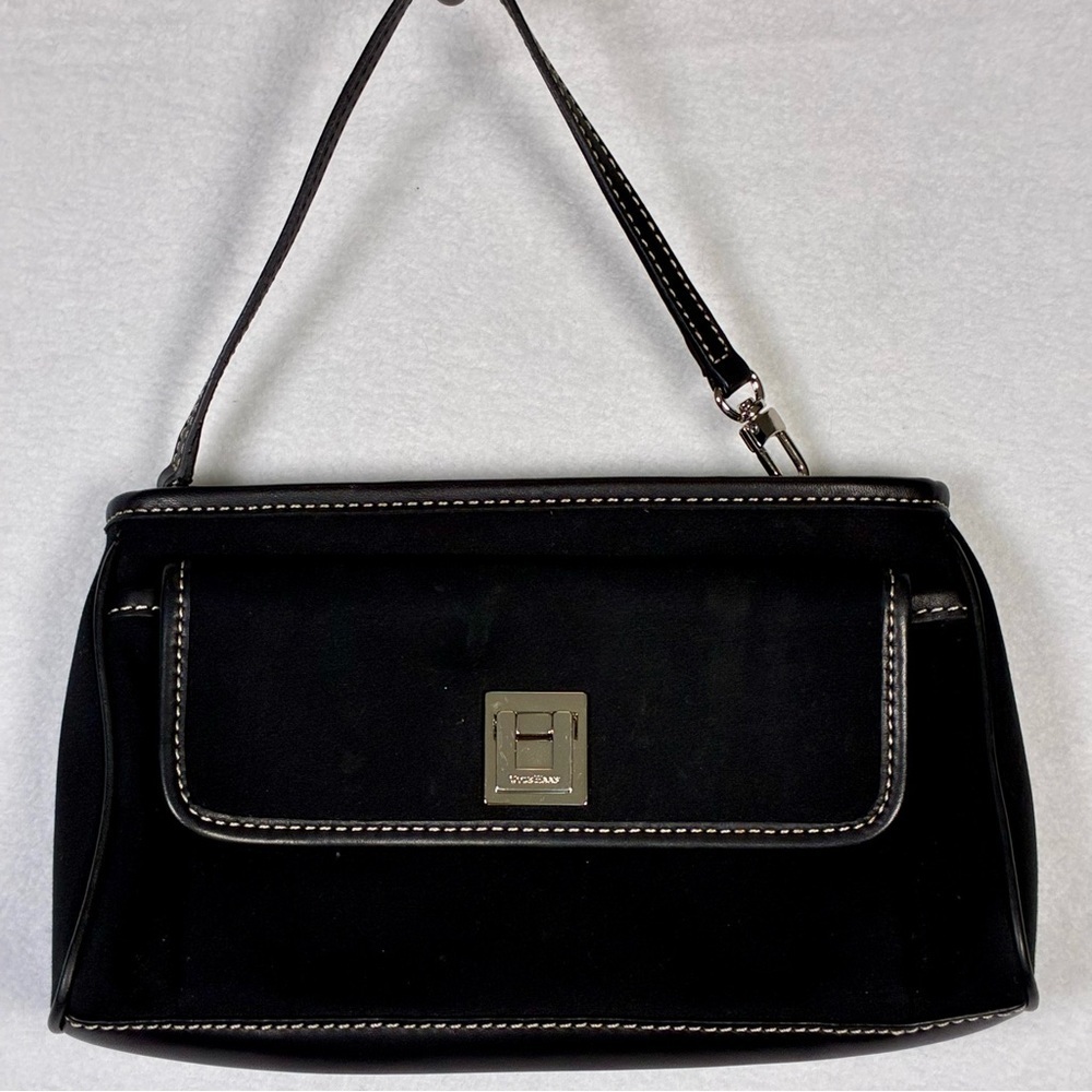 Vintage Y2K Cole Haan Fabric Leather Trim Black Evening Bag Silver Hardware